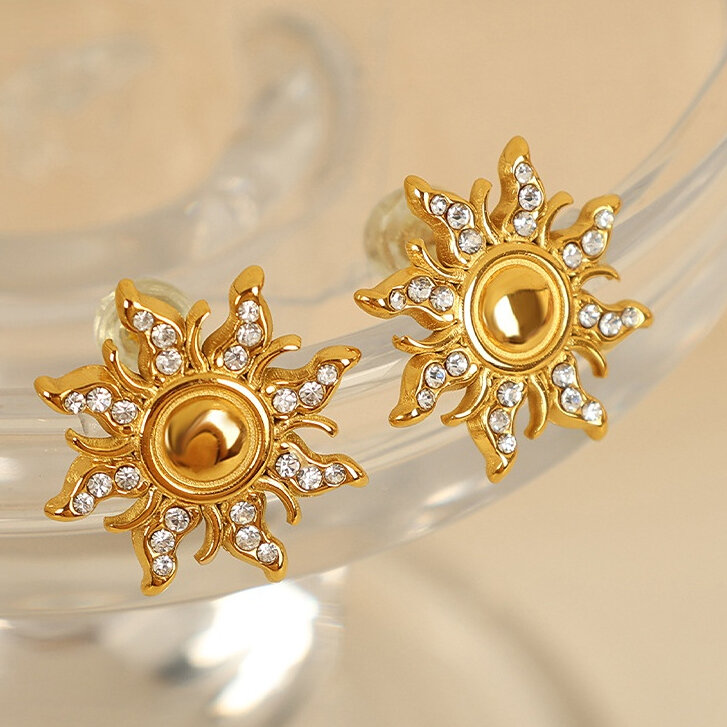 1 Paar Simple Series Retro Sonne/Mond Edelstahl 18 Karat vergoldet Strass Damen Ohrstecker