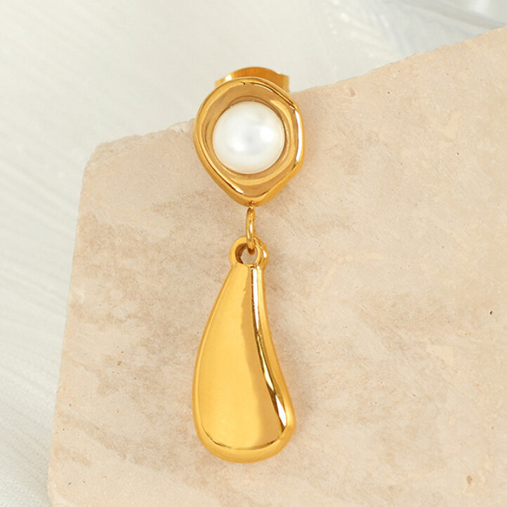 1 paio di orecchini piccoli dal design semplice e temperamento con perle galvaniche in metallo 18k, orecchini pendenti da donna, orecchini pendenti da donna retrò francesi Immagine5