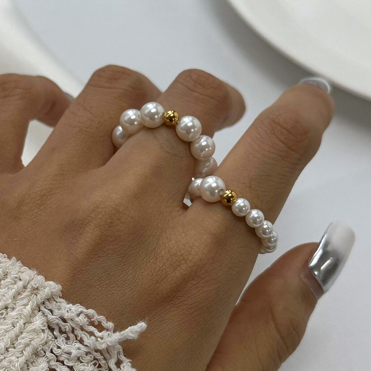 1 pair simple series elegant beads stainless steel  gold plated women ring sets h5 Picture3