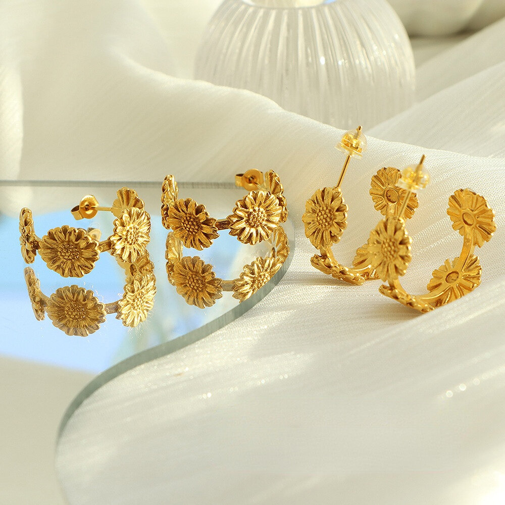 1 paire de boucles d'oreilles créoles rétro en acier inoxydable plaqué or  pour femme, série romantique h5 Image8