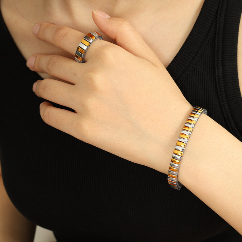 1 pezzo semplice serie punk patchwork acciaio inossidabile placcato oro  donne catena bracciali h5 Immagine5