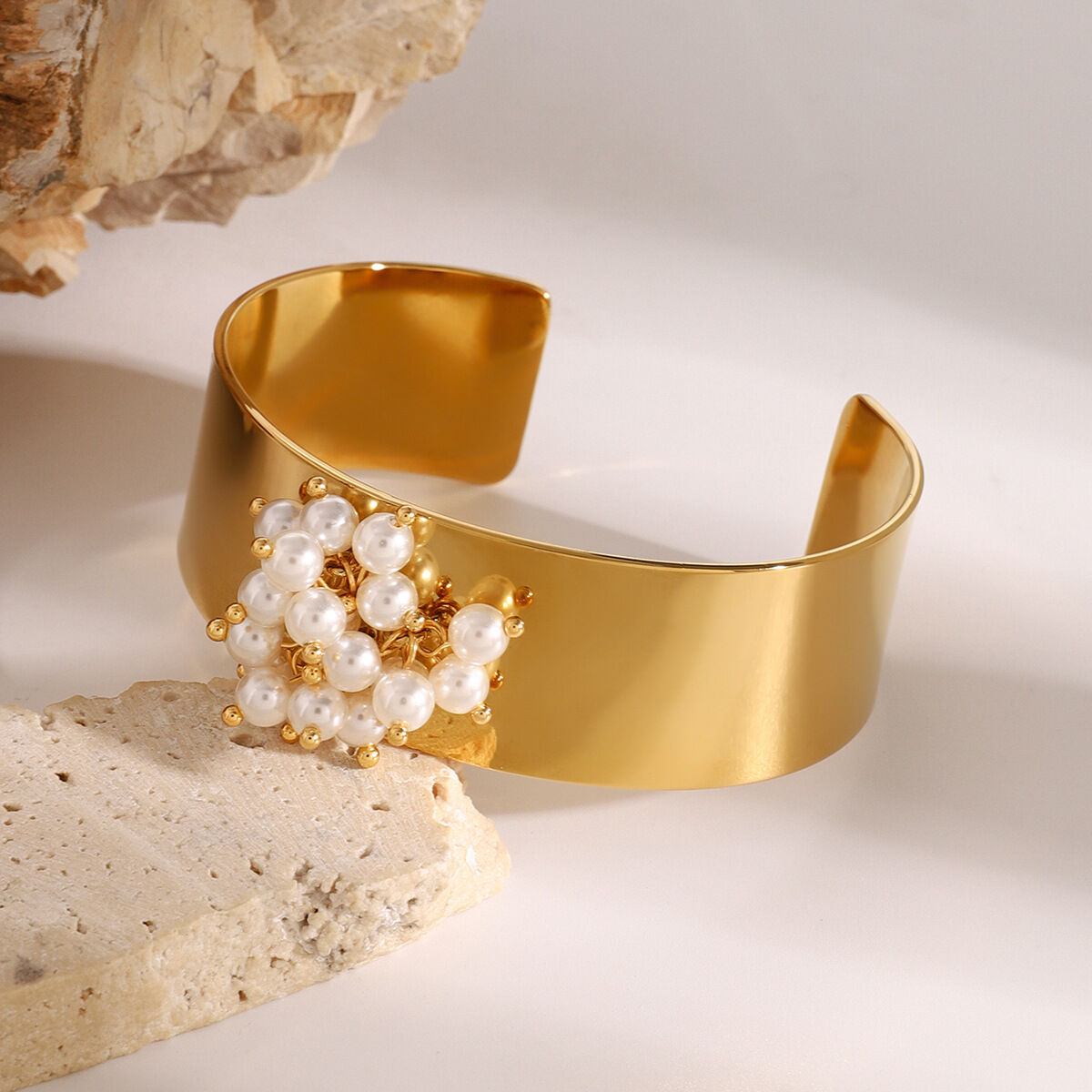 1 pezzo semplice serie retrò geometrico acciaio inossidabile placcato oro  perle artificiali donne braccialetti