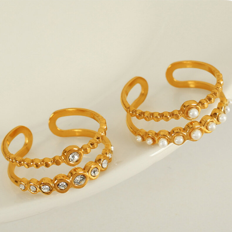 Anillos ajustables para mujer, serie simple, retro, de acero inoxidable, chapados en oro de 18 quilates, con perla artificial Imagen6