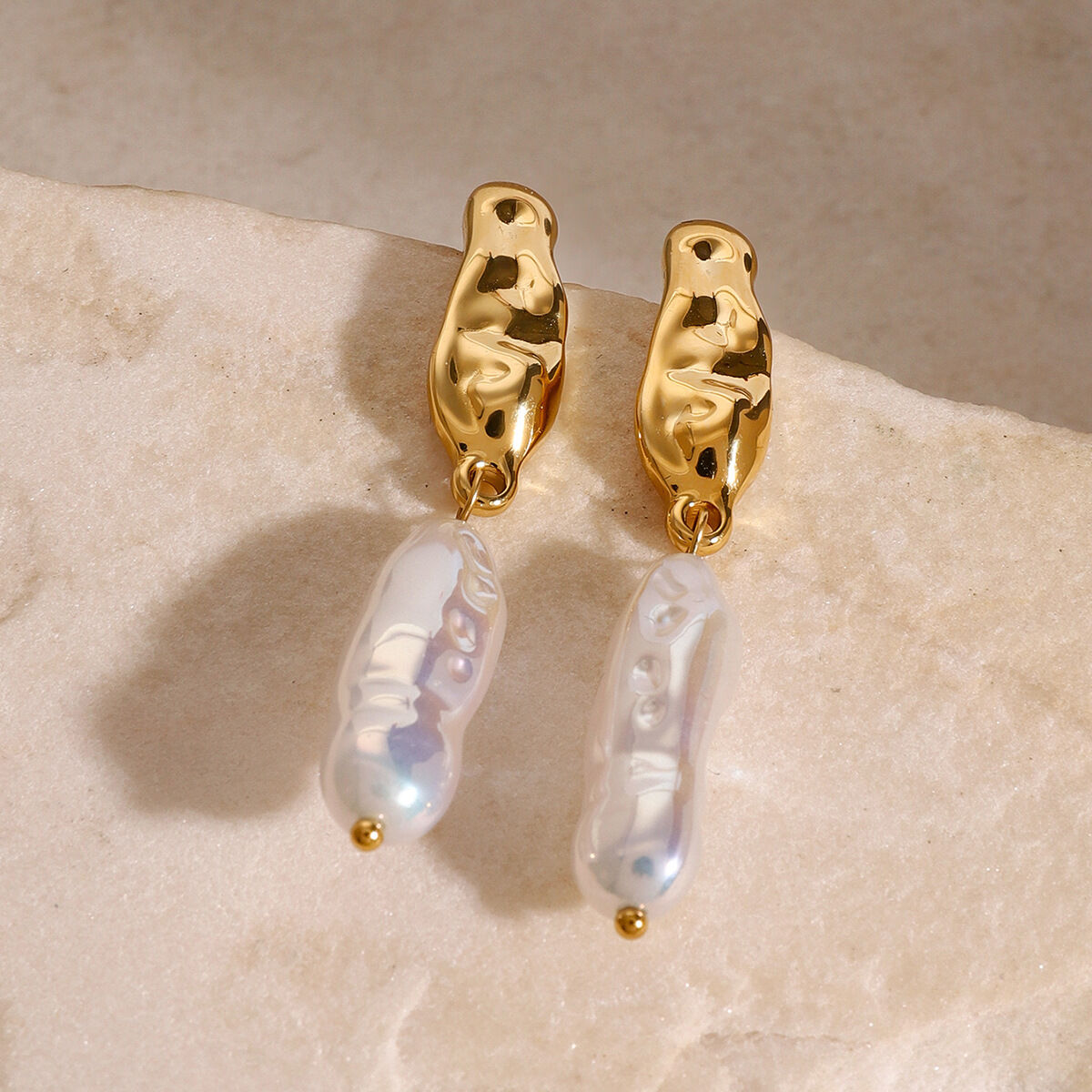 1 pair classic series  oval stainless steel  gold plated artificial pearl women drop earrings