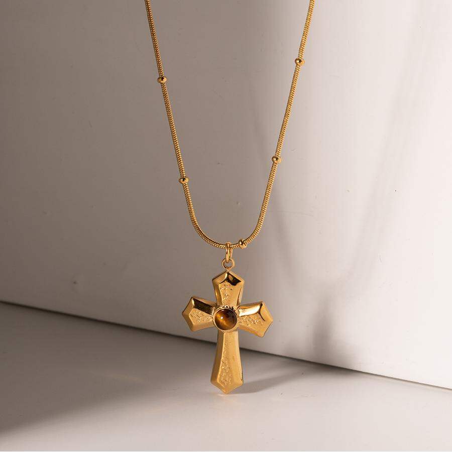1 pezzo semplice serie  stile croce in acciaio inossidabile placcato oro  pietra naturale collane con ciondolo da donna