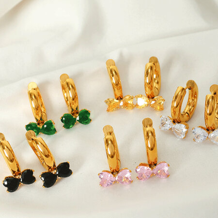 1 pair romantic series sweet bowknot stainless steel gold color plated zircon women's drop earrings 2
