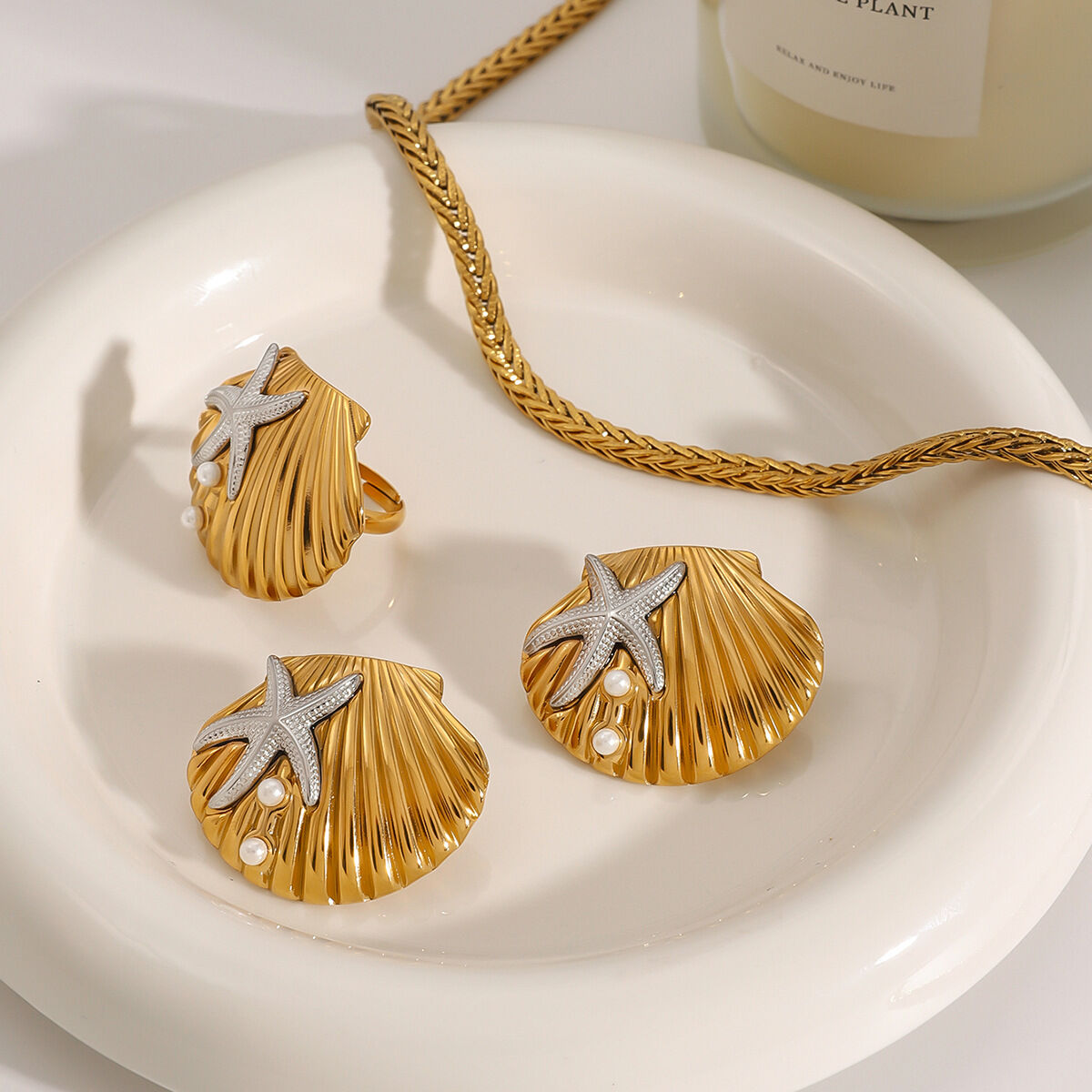 1 pair romantic series natural shell stainless steel  gold plated artificial pearl women adjustable rings
