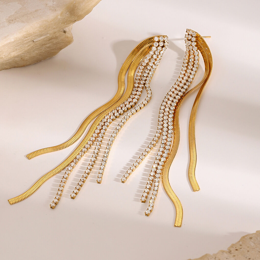 1 pair classic series elegant line stainless steel  gold plated rhinestone women Party Earrings