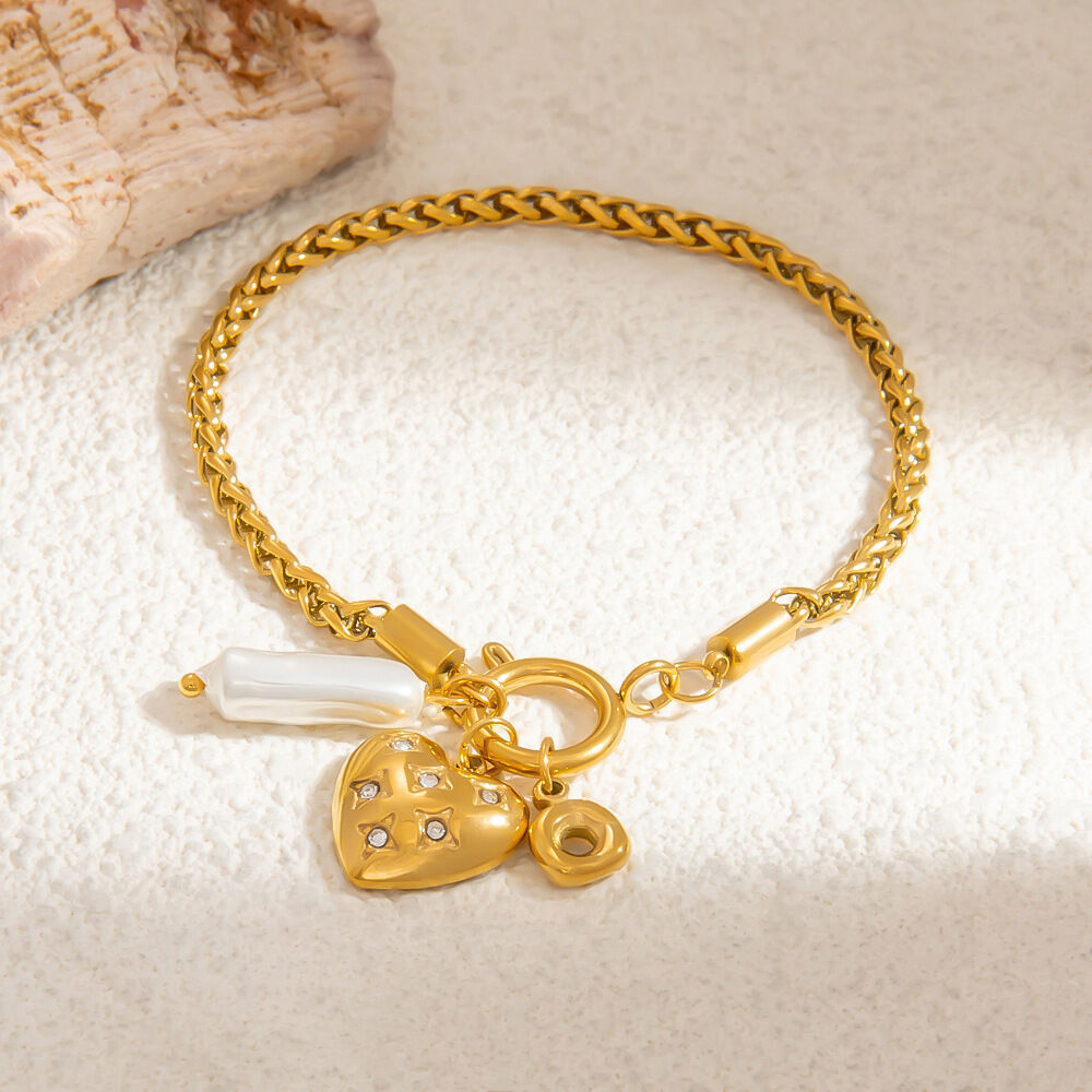1 pezzo serie romantica elegante cuore acciaio inossidabile placcato oro  perle artificiali donne braccialetti con ciondoli
