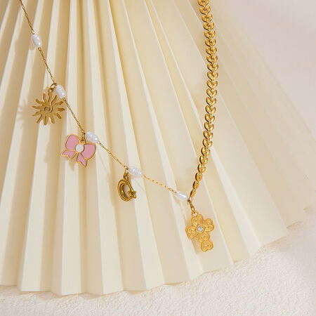 1 piece classic series daily cross stainless steel gold color plated artificial pearl women's pendant necklaces 2