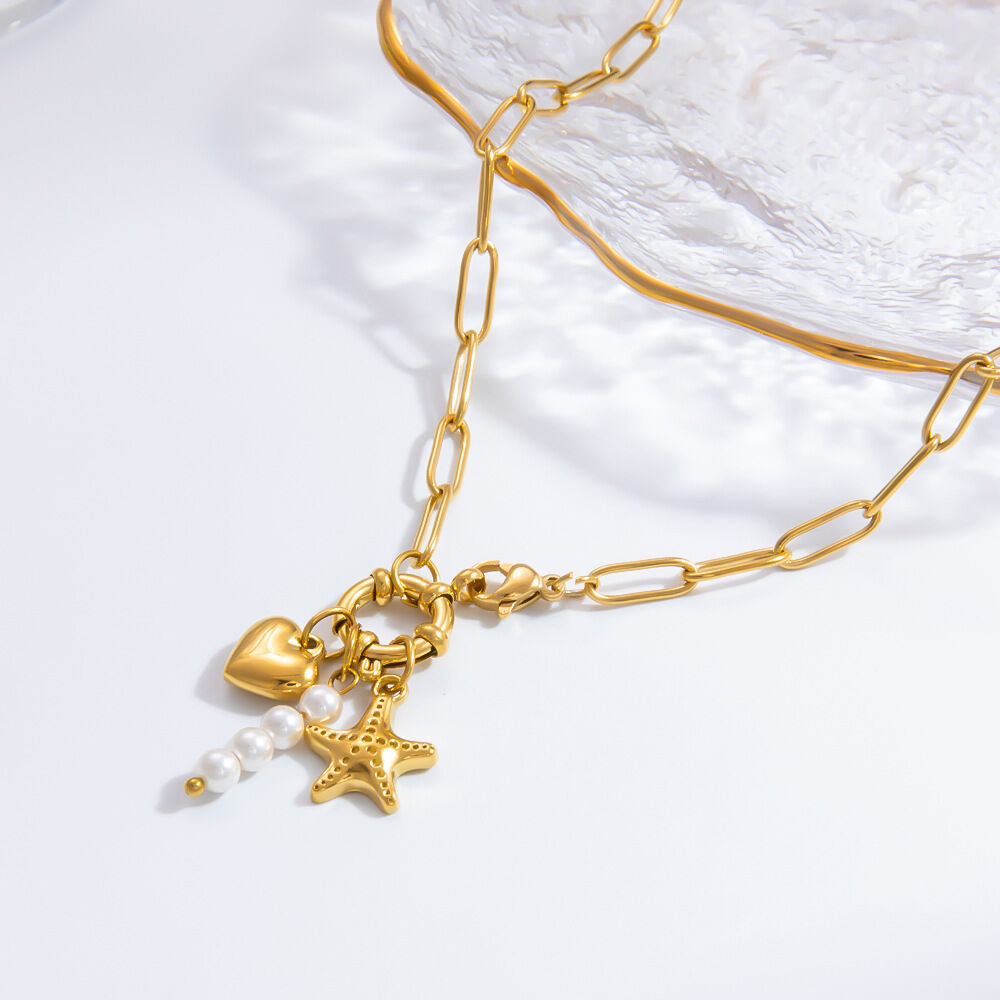 1 pezzo semplice serie elegante cuore in acciaio inossidabile placcato oro 18K perla artificiale donne collane con ciondolo