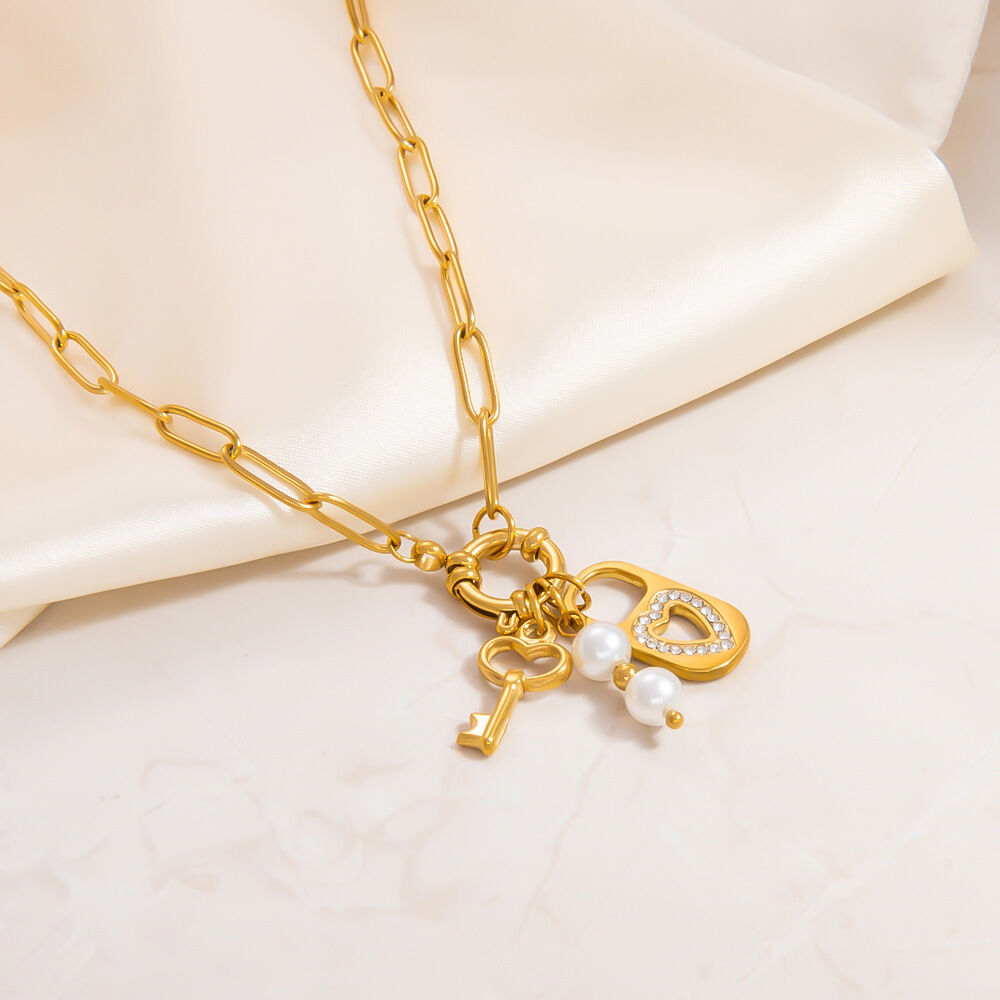 collier avec pendentif en acier inoxydable plaqué or  et strass pour femme, série classique, style rétro h5 Image6