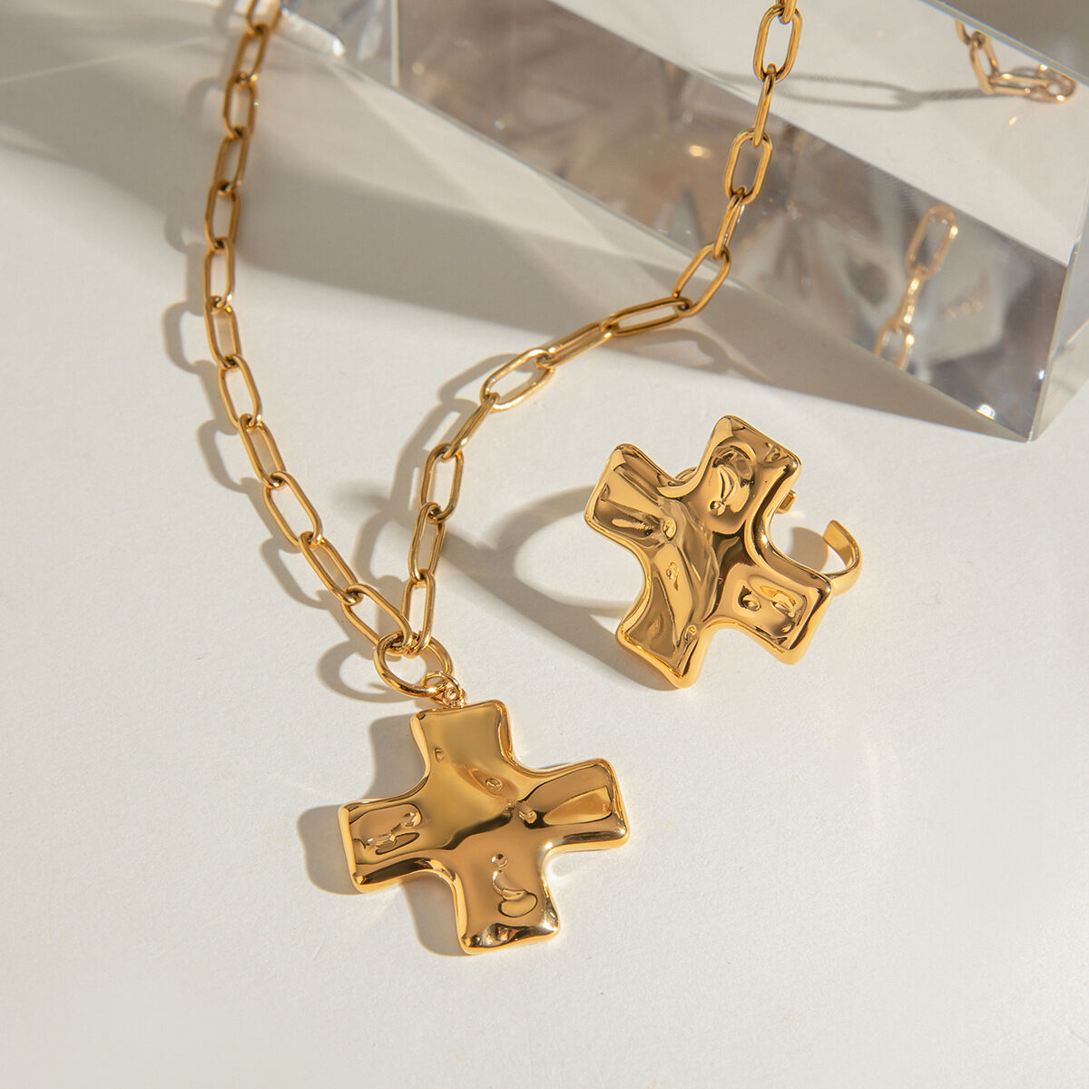 1 pair simple series retro cross stainless steel  gold plated women adjustable rings