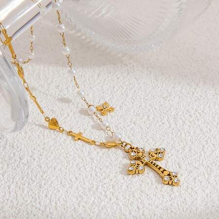 1 piece classic series daily cross stainless steel gold color plated artificial pearl women's pendant necklaces