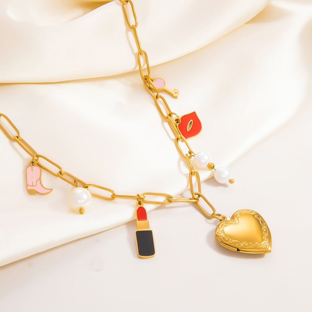 collier avec pendentif en forme de cœur classique en acier inoxydable plaqué or , série romantique, pour femme, avec perles artificielles h5 Image3