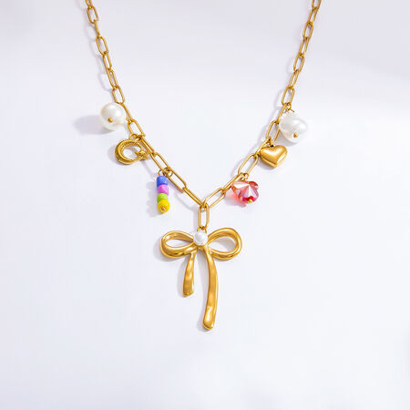 1 piece romantic series sweet bowknot stainless steel gold color plated artificial pearl women's pendant necklaces 2