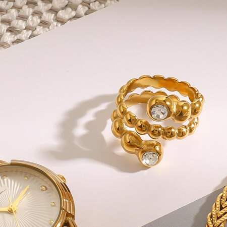 1 pair simple series elegant annular stainless steel gold plated rhinestone women single rings
