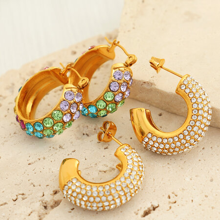 1 pair luxurious series simple geometric stainless steel gold color plated rhinestone women's Stud Earrings