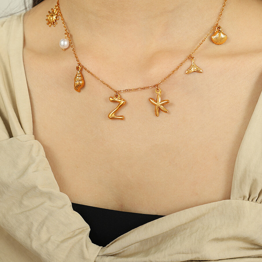 collier avec pendentif en acier inoxydable plaqué or pour femme, série ethnique, lettre de vacances h5Image6