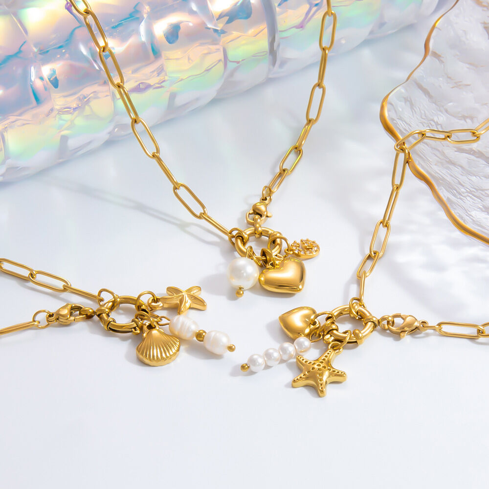 1 pezzo semplice serie elegante cuore in acciaio inossidabile placcato oro 18K perla artificiale donne collane con ciondolo 2