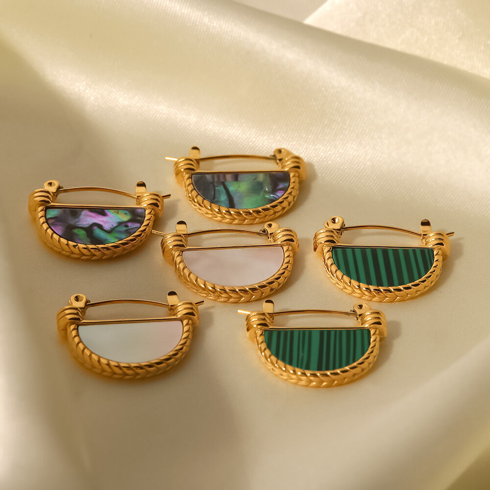 1 Paar Creolen aus der Classic-Serie für Damen, geometrischer Edelstahl, 18 Karat vergoldet, Naturstein h5 Bild8