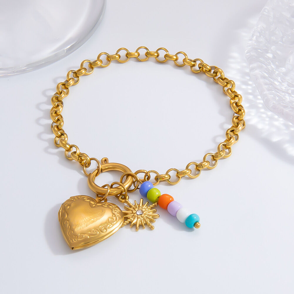 1 piece classic series daily heart stainless steel  gold color plated rhinestone women's charm bracelets
