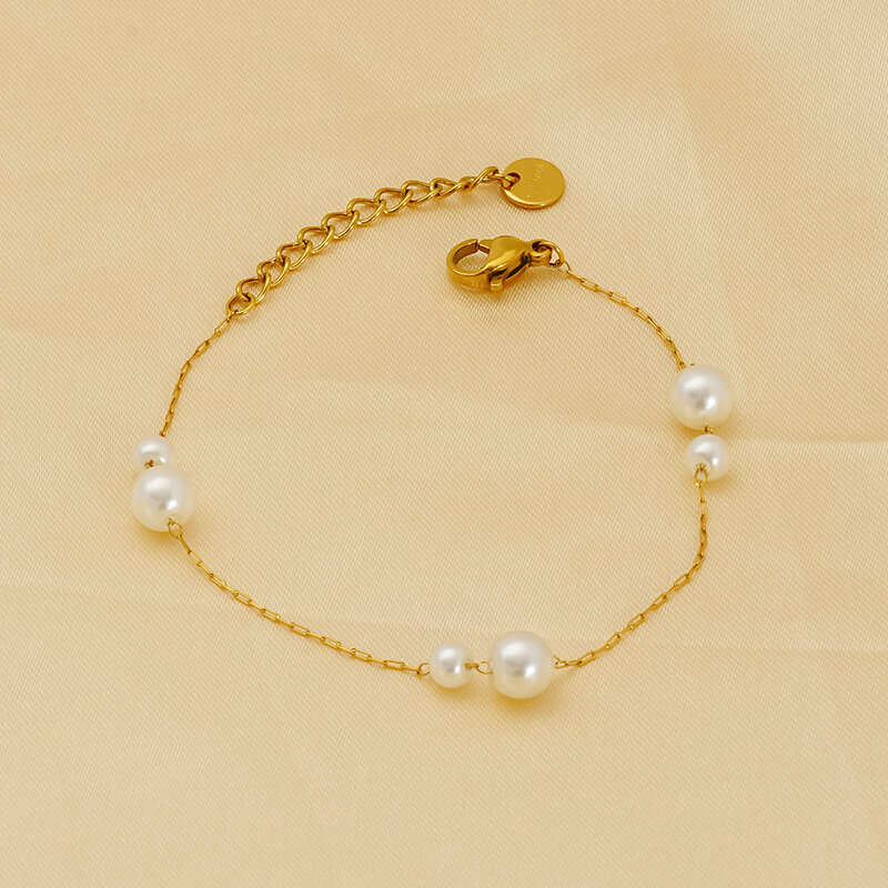 bracelet chaîne en acier inoxydable plaqué or  avec perles artificielles pour femme, 1 pièce