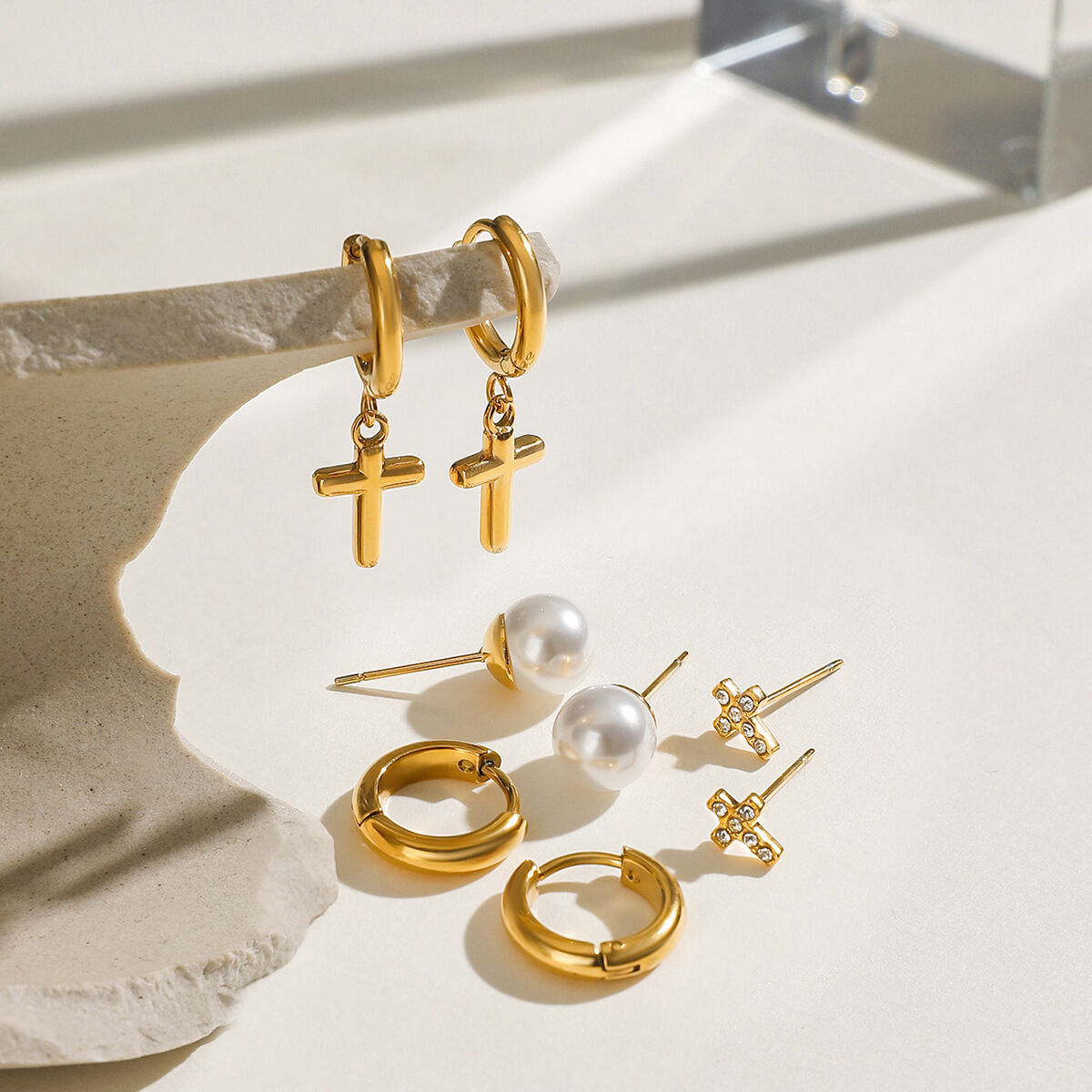 1 pair simple series elegant cross stainless steel  gold plated rhinestone women earrings set