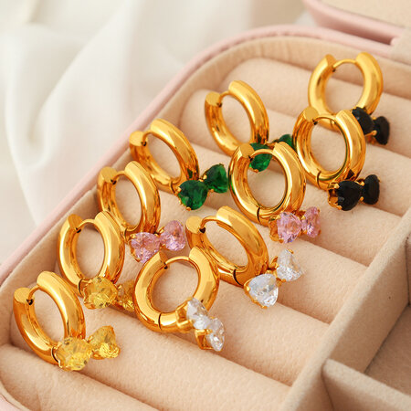 1 pair romantic series sweet bowknot stainless steel gold color plated zircon women's drop earrings