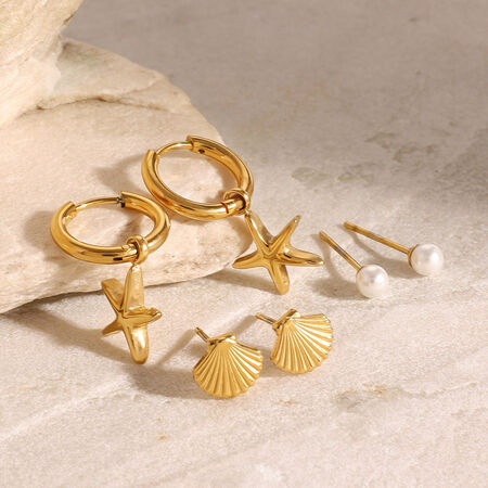 Juego de 1 par de pendientes de acero inoxidable con perlas artificiales chapadas en oro de 18 quilates y diseño de estrella de mar clásica de la serie romántica para mujer.