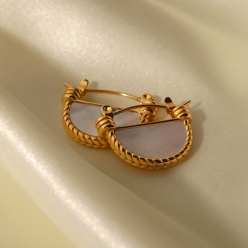 1 Paar Creolen aus der Classic-Serie für Damen, geometrischer Edelstahl, 18 Karat vergoldet, Naturstein h5 Bild5