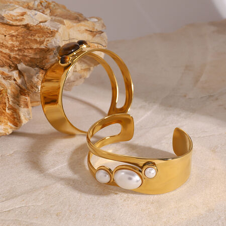 1 pieza de serie simple elegante perla acero inoxidable chapado en oro de 18 quilates perla artificial pulseras para mujer