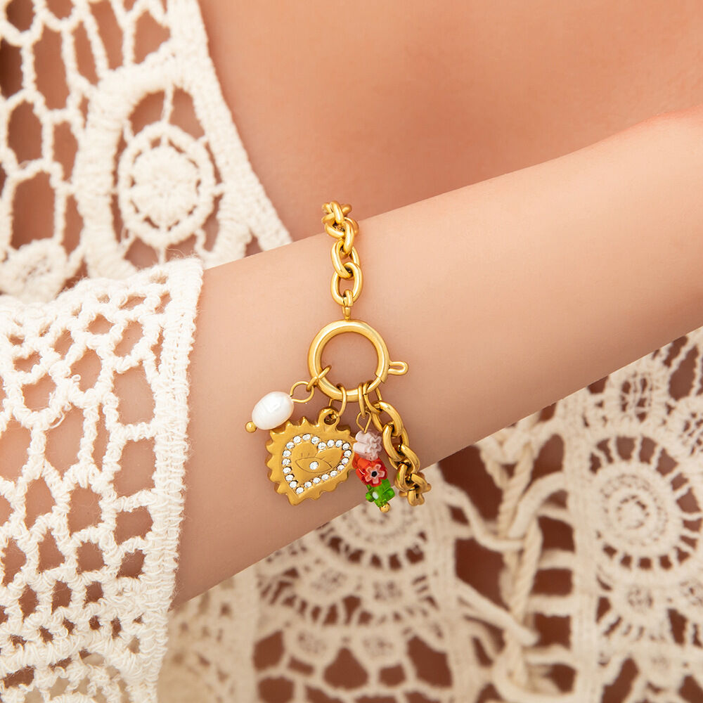 1 piece classic series daily heart stainless steel gold color plated rhinestone women's charm bracelets Picture11