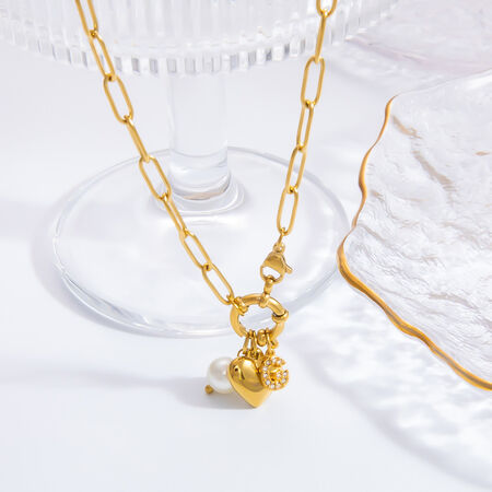 1 piece classic series stylish heart stainless steel gold color plated artificial pearl women's pendant necklaces
