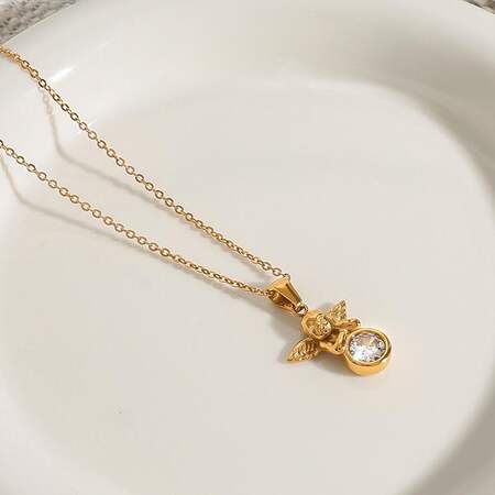 1 Piece Romantic Series Retro Angel Shape Stainless Steel Waterproof Gold Color Women's Pendant Necklaces