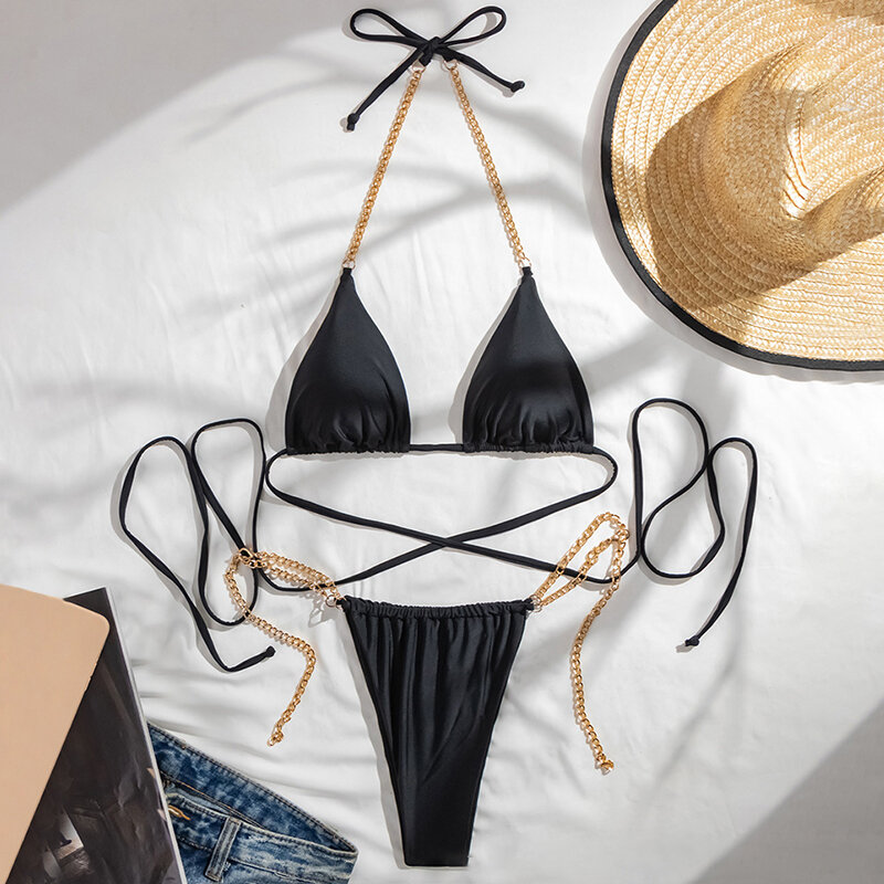 Women's Two-Piece Bikini Set with Adjustable Straps and Chain Detail h5Picture6