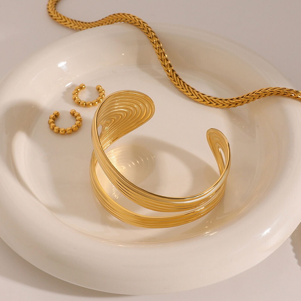 Pulseras de mujer de acero inoxidable, resistentes al agua, de color dorado, de línea sólida y elegante, de serie simple, 1 unidad h5Imagen7