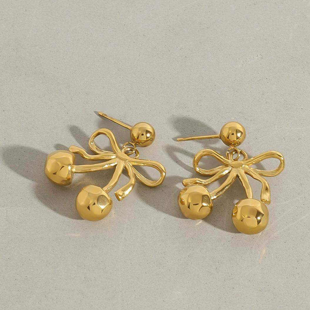 1 Pair Romantic Series Cute Cherry All-match Stainless Steel Waterproof Gold Color Women's Drop Earrings