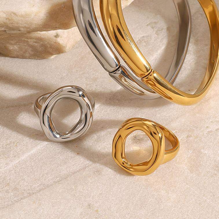 1 Piece Minimalist Series Irrugular Annular Stainless Steel Waterproof Gold Color Women's Bangles