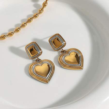 1 Pair Classic Series Heart Stainless Steel Waterproof Gold And Silver Mixed Color Women's Pendant Earrings