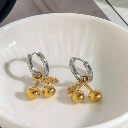1 Pair Romantic Series Elegant Cherry Shape Stainless Steel Waterproof Gold and Silver Color Women's Drop Earrings