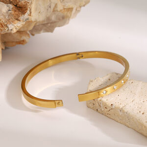 Pulseras de mujer de acero inoxidable, resistentes al agua, color dorado, de serie moderna, sencillas, redondas y combinables, de 1 pieza h5 Imagen5