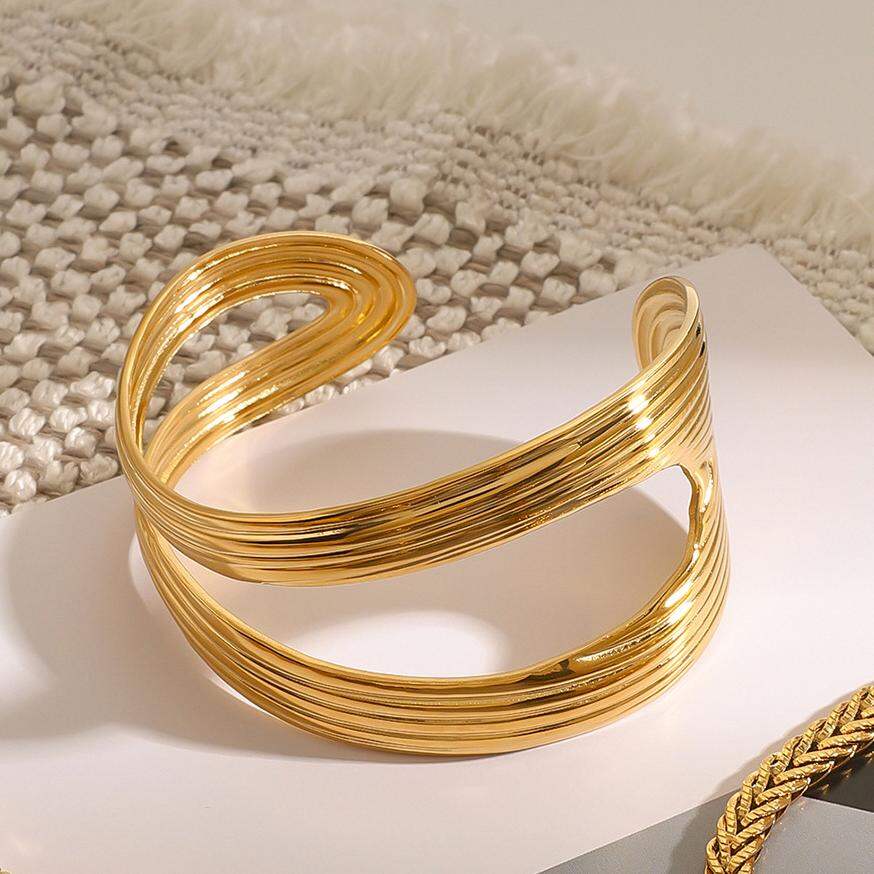 Pulseras de mujer de acero inoxidable, resistentes al agua, de color dorado, de línea sólida y elegante, de serie simple, 1 unidad