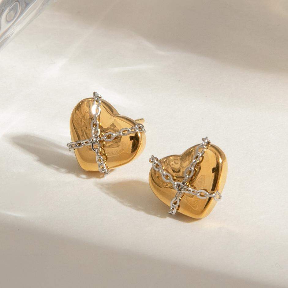 1 Pair Stylish Series Punk Chain Heart Stainless Steel Waterproof Gold and Silver Color Women's Stud Earrings