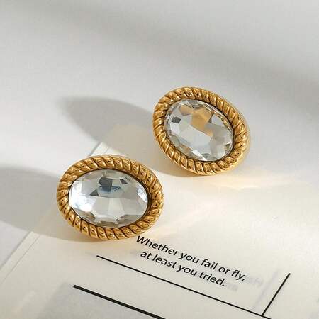1 Pair Trendy Series Classic Oval Stainless Steel Waterproof Gold Color Women's Stud Earrings
