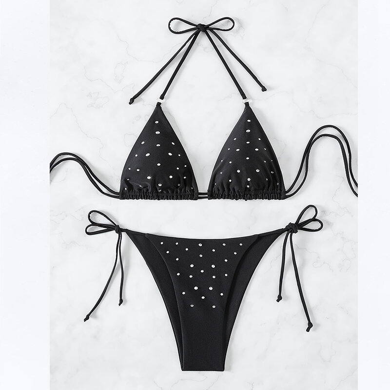 Polyamide Nylon Gebreide Bikiniset Seksueel Eenvoudige Kleur Strass Afbeelding5