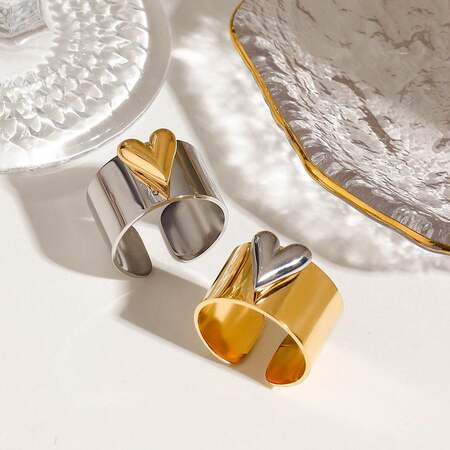 1 Pair Romantic Series Love Heart Fashionable Stainless Steel Waterproof Gold and Silver Color Women's Adjustable Rings