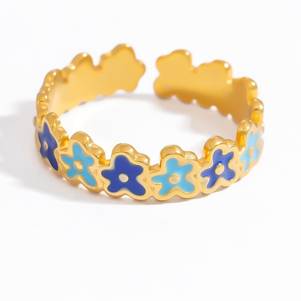 Anillo ajustable para mujer, de acero inoxidable, resistente al agua, color dorado, con exquisitas flores de colores y esmaltado al óleo. Imagen7