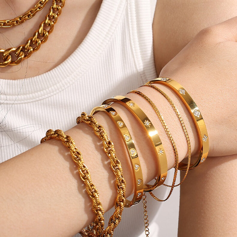 1 stuk Exquisite Series glanzende zeshoekige roestvrijstalen waterdichte gouden damesarmband h5 Afbeelding5