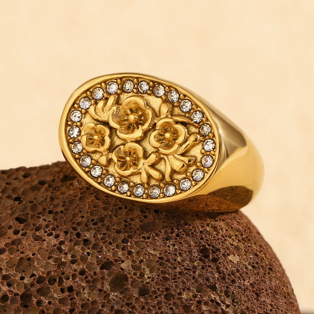 1 Piece Luxurious Series Natural Flower Stainless Steel Waterproof   Gold Color  Women's Signet Rings